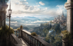 A photograph featuring a terrace overlooking a cityscape r