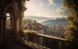 A photograph featuring a terrace overlooking a cityscape r