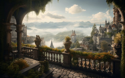 A photograph featuring a terrace overlooking a cityscape r