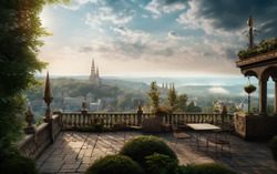 A photograph featuring a terrace overlooking a cityscape r