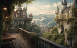 A photograph featuring a terrace overlooking a cityscape r