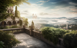 A photograph featuring a terrace overlooking a cityscape r