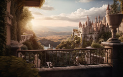 A photograph featuring a terrace overlooking a cityscape r