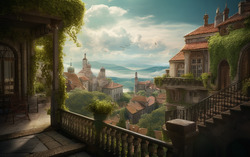 A photograph featuring a terrace overlooking a cityscape r