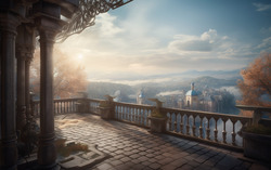 A photograph featuring a terrace overlooking a cityscape r