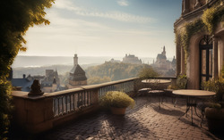 A photograph featuring a terrace overlooking a cityscape r