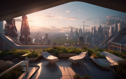 A photograph highlighting a terrace overlooking a bustling