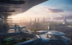 A photograph highlighting a terrace overlooking a bustling