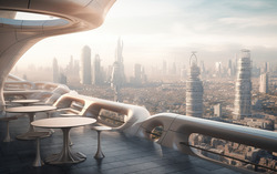 A photograph highlighting a terrace overlooking a bustling