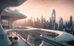 A photograph highlighting a terrace overlooking a bustling