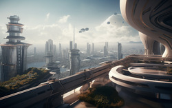 A photograph highlighting a terrace overlooking a bustling