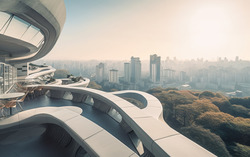 A photograph highlighting a terrace overlooking a bustling