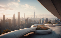 A photograph highlighting a terrace overlooking a bustling