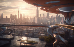 A photograph highlighting a terrace overlooking a bustling