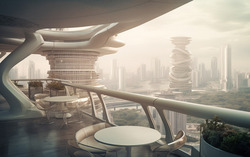 A photograph highlighting a terrace overlooking a bustling