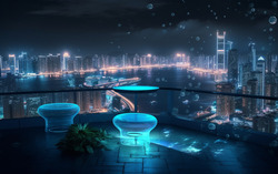 A photograph of a terrace overlooking an underwater city n