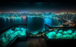 A photograph of a terrace overlooking an underwater city n