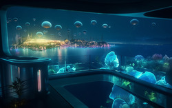 A photograph of a terrace overlooking an underwater city n