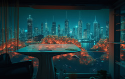 A photograph of a terrace overlooking an underwater city n