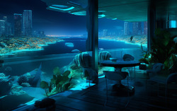 A photograph of a terrace overlooking an underwater city n