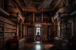 A photograph depicting the grandeur of an antique library 
