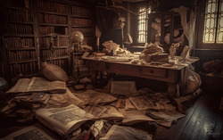 A photograph depicting a cluttered medieval study resembli