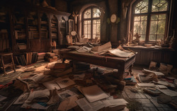 A photograph depicting a cluttered medieval study resembli