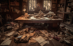 A photograph depicting a cluttered medieval study resembli