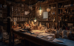 A photograph portraying a disorganized alchemists workshop