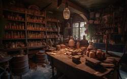 A photograph portraying a disorganized alchemists workshop