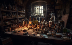 A photograph portraying a disorganized alchemists workshop