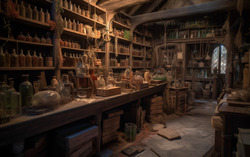 A photograph portraying a disorganized alchemists workshop