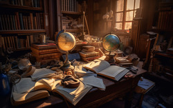 Old library at home. Magical books everywhere. Messy piles