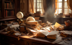 Old library at home. Magical books everywhere. Messy piles