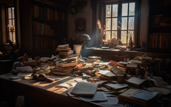 Old library at home. Magical books everywhere. Messy piles