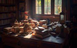 Old library at home. Magical books everywhere. Messy piles