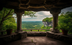 A photograph illustrating a picturesque view from a stone 