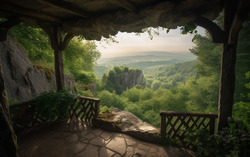 A photograph illustrating a picturesque view from a stone 
