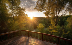 A photograph portraying a tranquil scene from a wooden dec