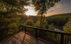 A photograph portraying a tranquil scene from a wooden dec