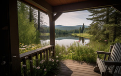 A photograph presenting a tranquil view from a cozy porch 