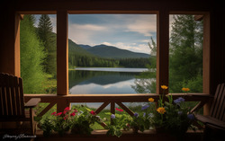 A photograph presenting a tranquil view from a cozy porch 