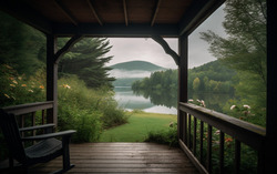 A photograph presenting a tranquil view from a cozy porch 