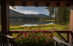 A photograph presenting a tranquil view from a cozy porch 