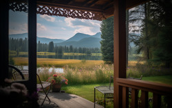 A photograph presenting a tranquil view from a cozy porch 