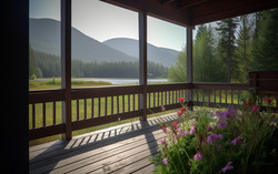 A photograph presenting a tranquil view from a cozy porch 