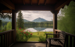 A photograph presenting a tranquil view from a cozy porch 