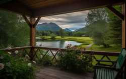 A photograph presenting a tranquil view from a cozy porch 