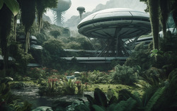 A photograph showcasing an alien spacecrafts botanical gar