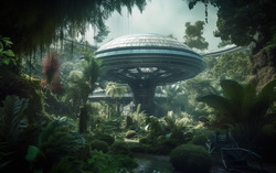 A photograph showcasing an alien spacecrafts botanical gar